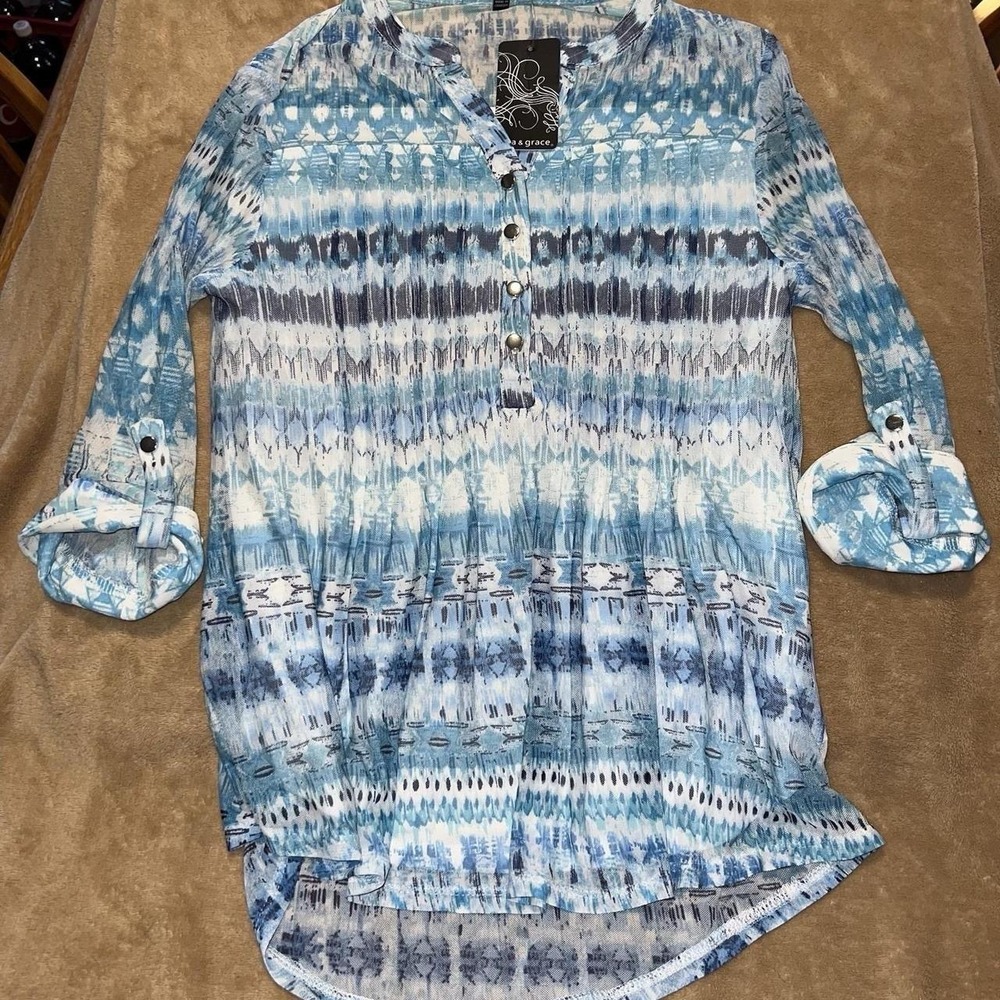 Ava & Grace Women Sm Navy Teal White Pleat Mesh Quarter Sleeve Henley Tunic Top